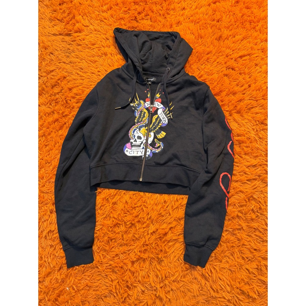 Ed Hardy Kids Black Cropped Zip Up Hoodie New York City Skull Eagle XL